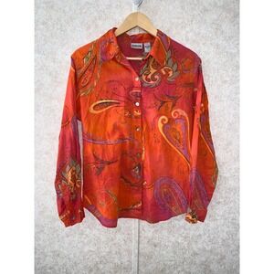 Chicos Orange Red Paisley 100% Cotton Button Down Shirt Long Sleeve Womens 1